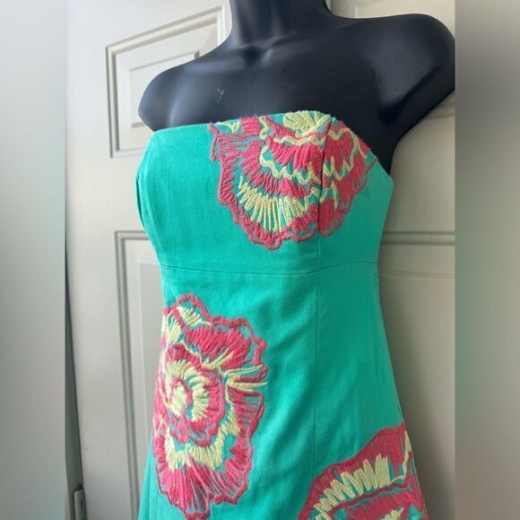 Lilly Pulitzer Bowen Lagoon Green Comb Get It Embroidered Strapless Dress Sz 2 - Picture 6 of 15